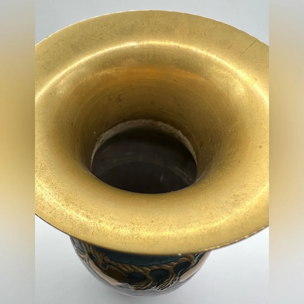 VTG Solid Brass Blue Enamel Vase Decorative India Hanging Leaves Fruits MCM 8.5